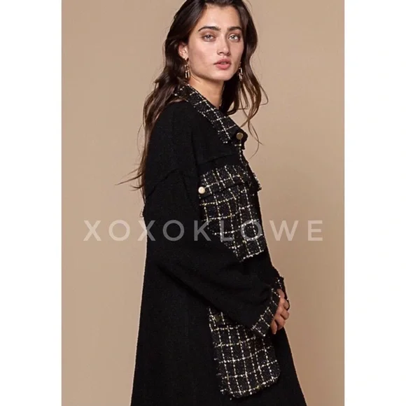 POL Black Sherpa Tweed Long Jacket | Relaxed Fit Faux Fur Sparkly Maxi Coat - Picture 5 of 11